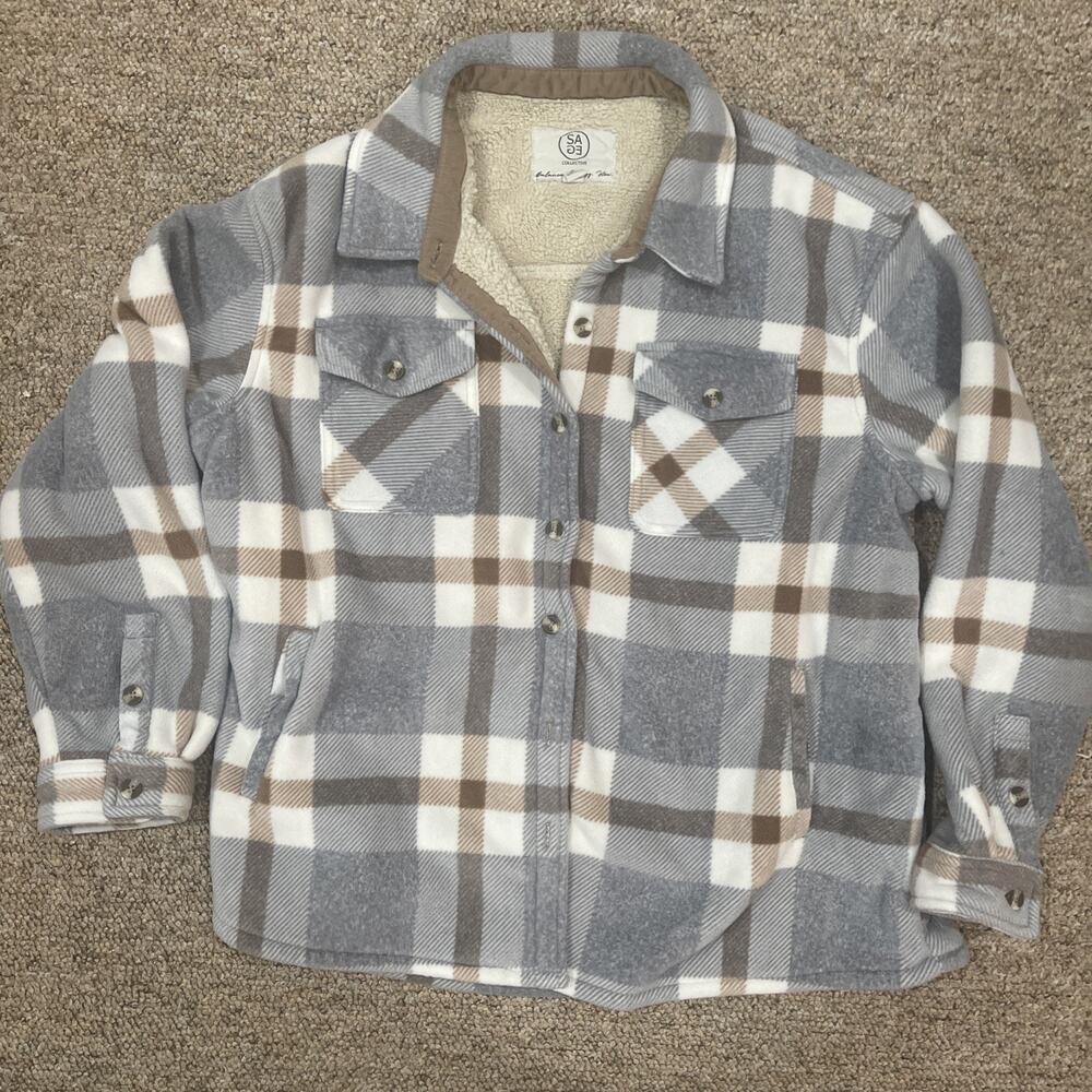 Sage Collective Shacket Sherpa-Lined Plaid Beige & Gray Sz XXL